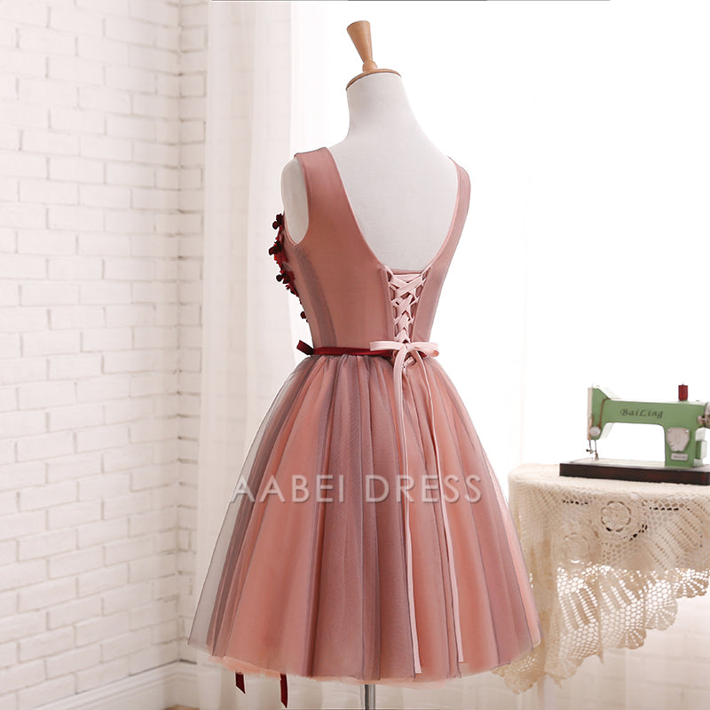 AABEI DRESS New Homecoming Dress A Line V Neck Sleeveless Tulle Flowers Fashion Short Prom Dress