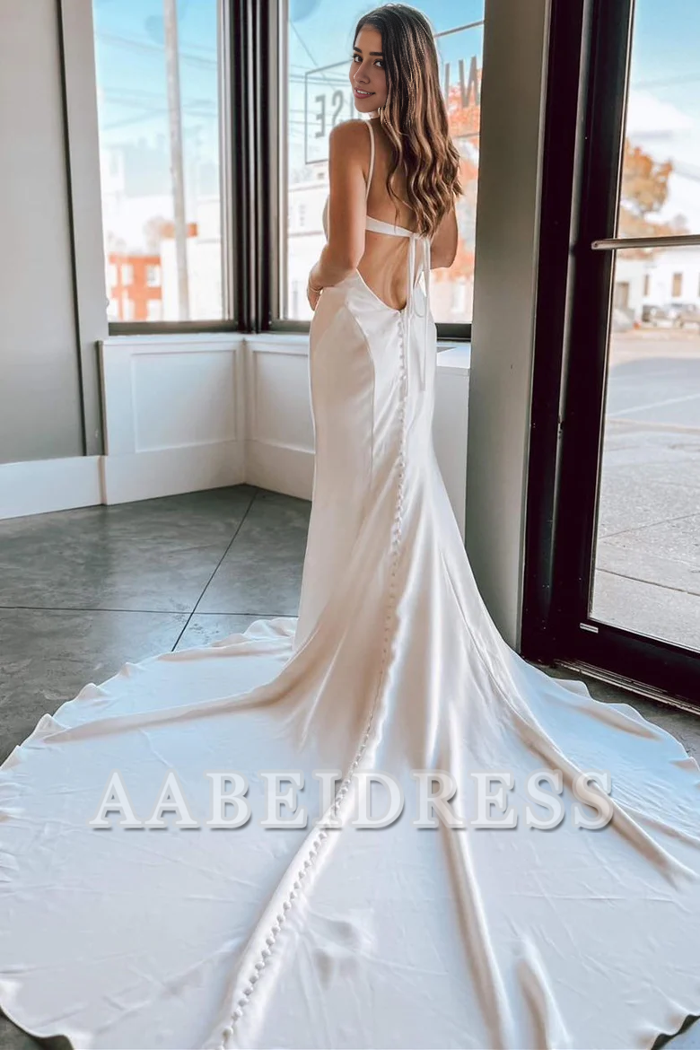 AABEI DRESS High Quality Charming Wedding Dress V-Neck Spaghetti Strap Backless Tie-Back Mermaid Long Sweep Train Formal Dresses