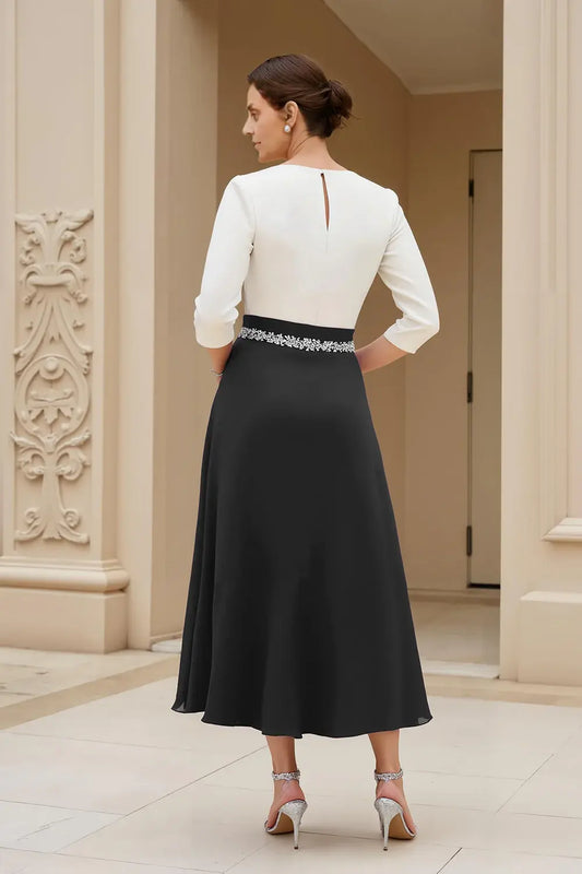 Black White Chiffon A Line Boat Neck 3/4 Long Sleeve Waist Bead String Exquisite Midi Wedding Guest Dress Hot Sale Mother of the Bride Dresses