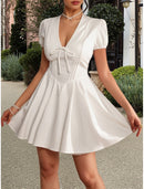 AABEI DRESS New Homecoming Dress Elegant A-Line Formal Short Sleeve V Neck Satin with Pleats Cute Short Prom Dresse
