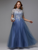 A-Line Plus Size Dress Wedding Guest Floor Length Short Sleeve High Neck Lace Lace-up with Appliques Mother of the Bride Dresses