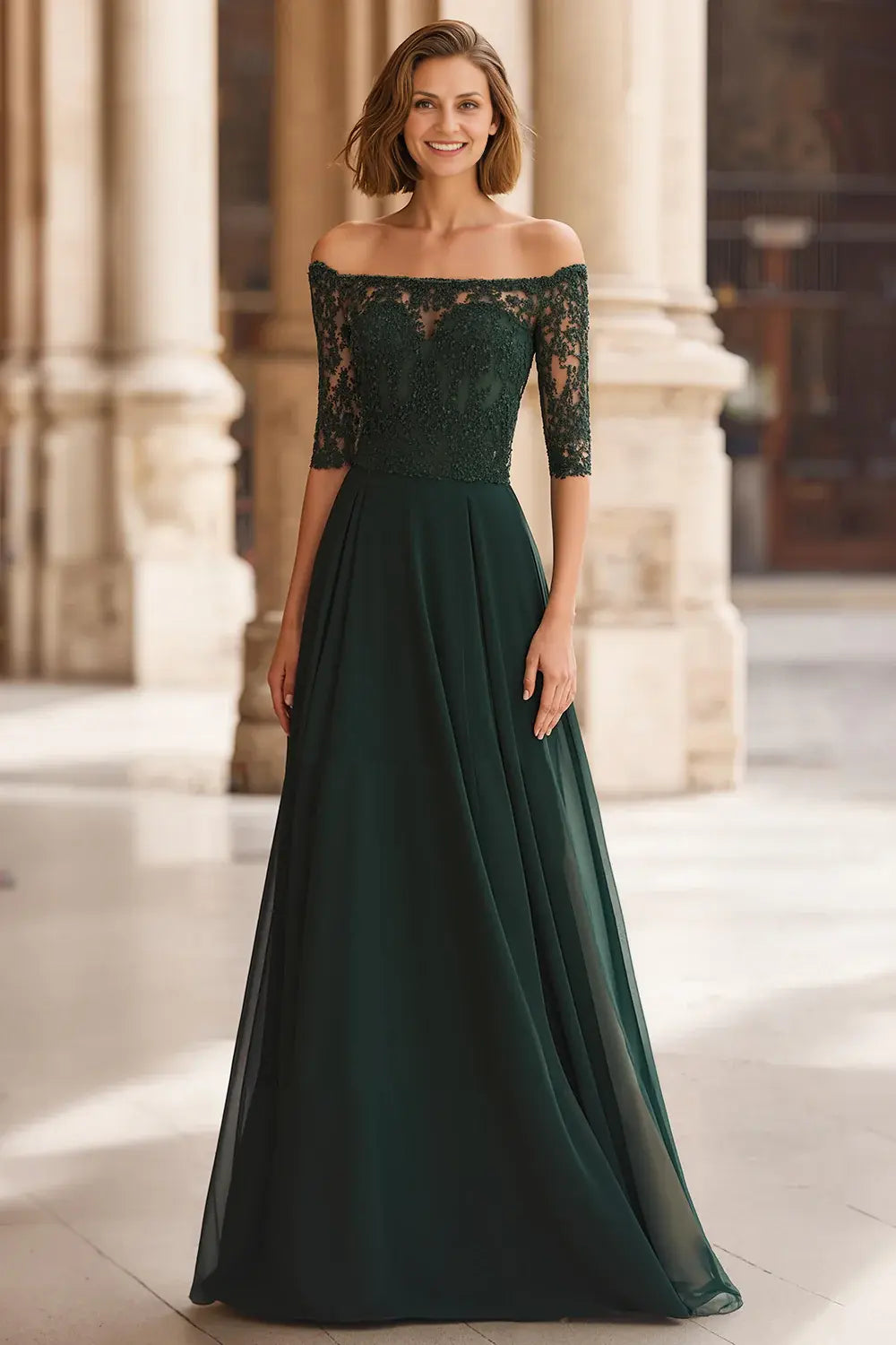 Retro Dark Green Chiffon A-Line Off the Shoulder Half Sleeve with Lace Long Elegant Wedding Guest Dress For Women New Style Mother of the Bride Dress