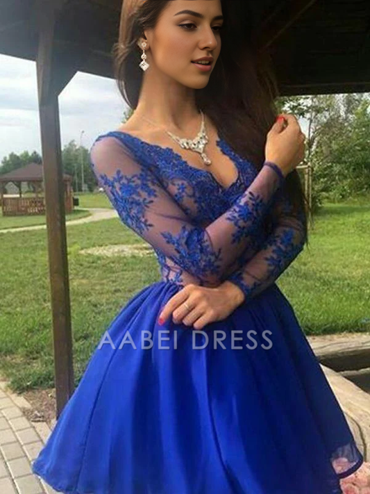AABEI DRESS New Homecoming Dress A-Line Satin Long Sleeves Cokctail Dresses Lace Applique Fashion Short Prom Dress