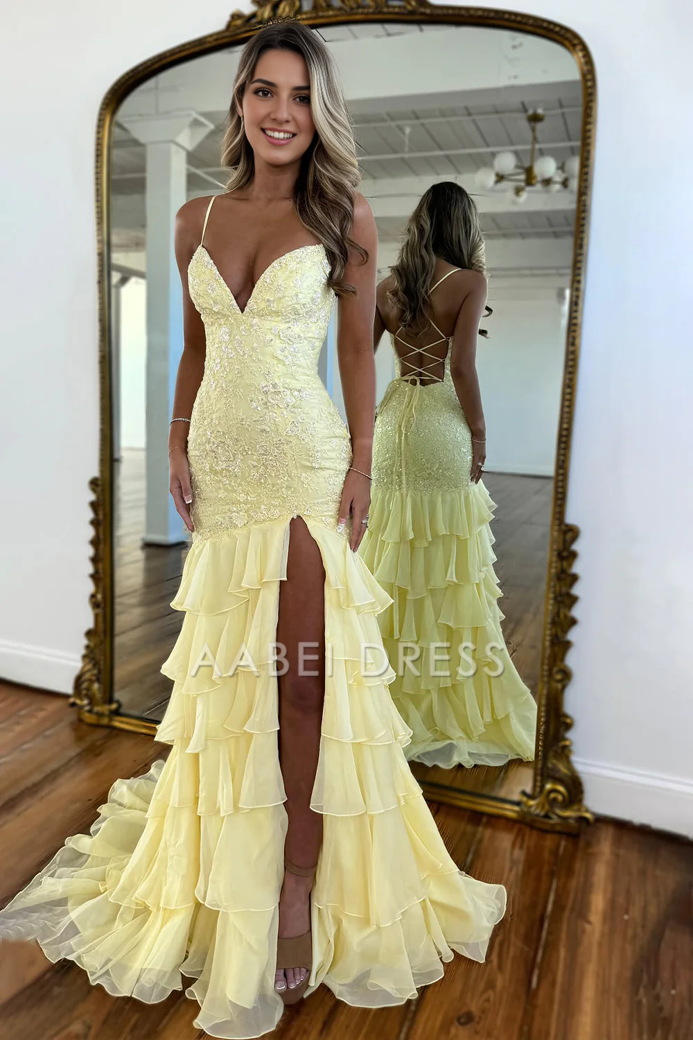AABEI DRESS Hot Sale Prom Dress Stunning Mermaid Spaghetti Straps Lace Backless with Ruffle Side Fork Fashion Formal Dress