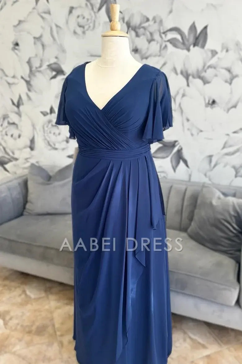 AABEI DRESS High Quality Mother of The Bride Dress Chiffon V Neck Flutter Sleeves Surplice Ruffle Long Elegant Dress Formal Dress