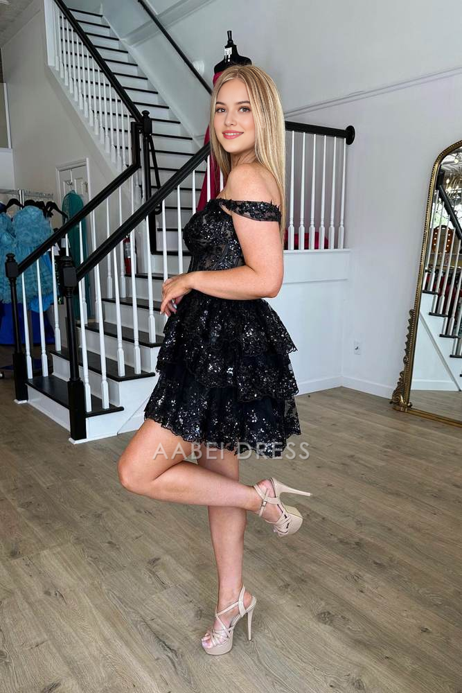 AABEI DRESS New Homecoming Dress Charming A Line Off the Shoulder Sweetheart Sequin Layering Ruffle Sparkle Short Prom Dresse