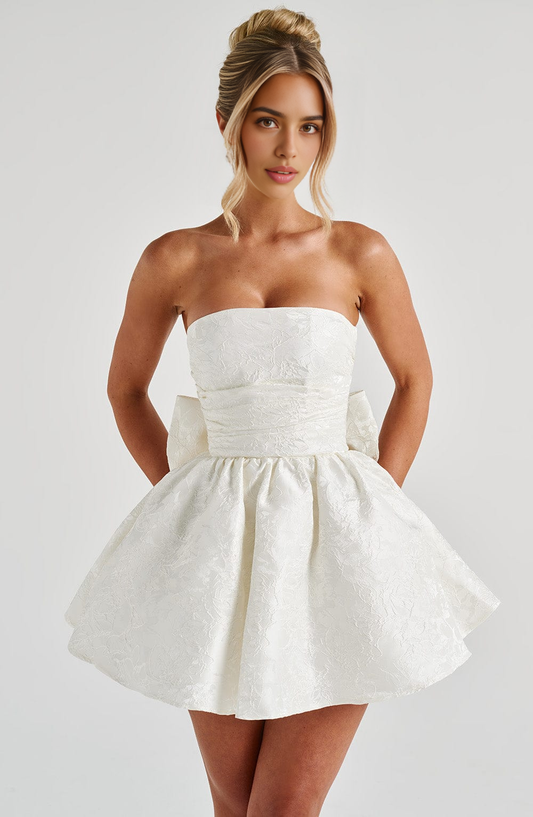 AABEI DRESS Hot Sale Homecoming Dress Fashion Floral Jacquard Fabric A Line Strapless Bow Back Mini Dress Retro Short Prom Dresse