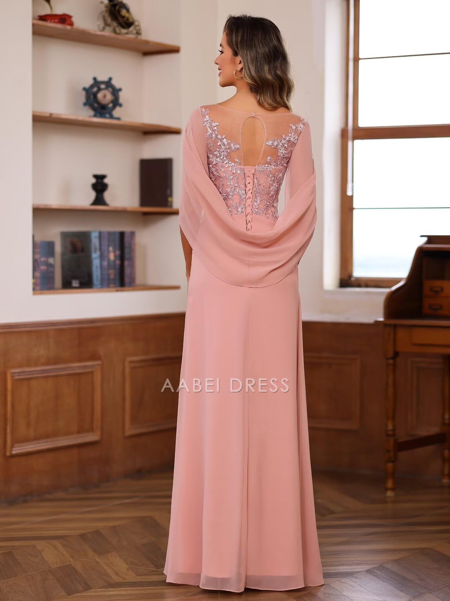 AABEI DRESS High Quality Mother of The Bride Dress Lace Long Women Pleated Sequin Cape Scoop Illusion Chiffon Dresses Formal Dresses
