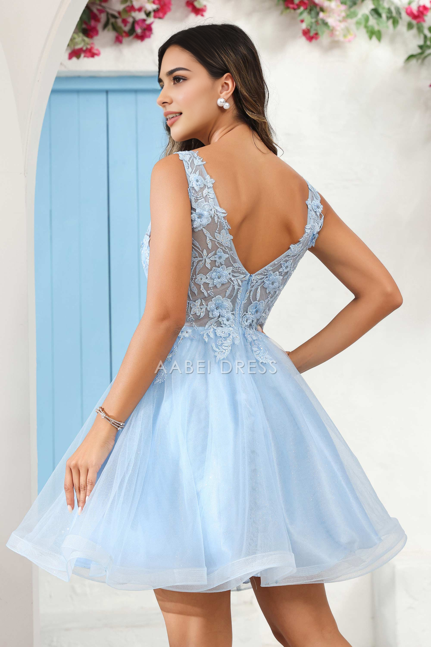 AABEI DRESS Short Dress Exquisite A-Line Deep V Neck Sleeveless Floral Applique See-Through Romantic Dress New Homecoming Dress