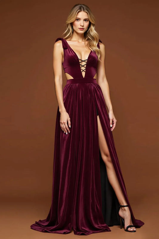 Purple Velvet Party Dress A Line Deep V-Neck Sleeveless Hollow-Out Backless with Slit Ruched Hem Charming Long Hot Sale Prom Dresses
