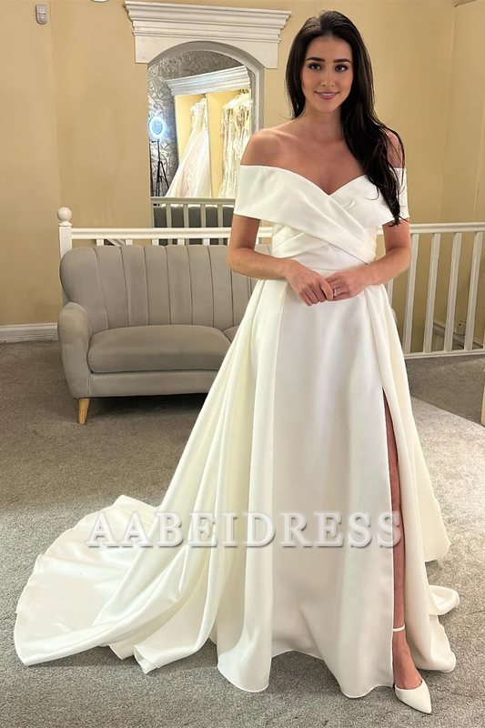 AABEI DRESS High Quality Elegant Simple Wedding Dress Off-the-Shoulder Satin Side Fork Long Sweep Train Formal Dresses