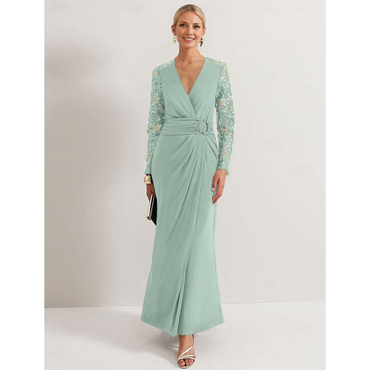 AABEI DRESS Wedding Guest Dress Elegant Sheath V Neck Ankle Length Long Sleeve with Lace Pleats Mother of the Bride Dress