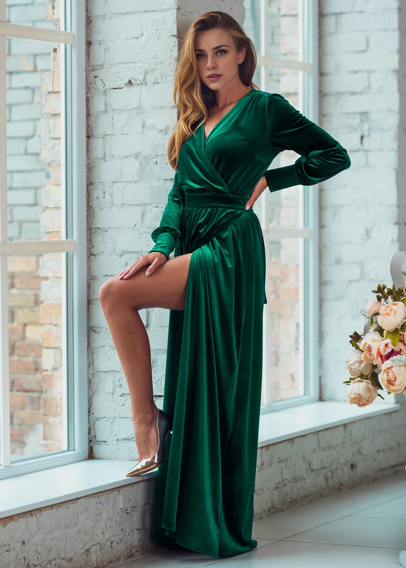 Evening Dress Velvet Dress V Neck Wrap Dress Long Seeves Longuette Formal Dresses Wedding Guest Dress