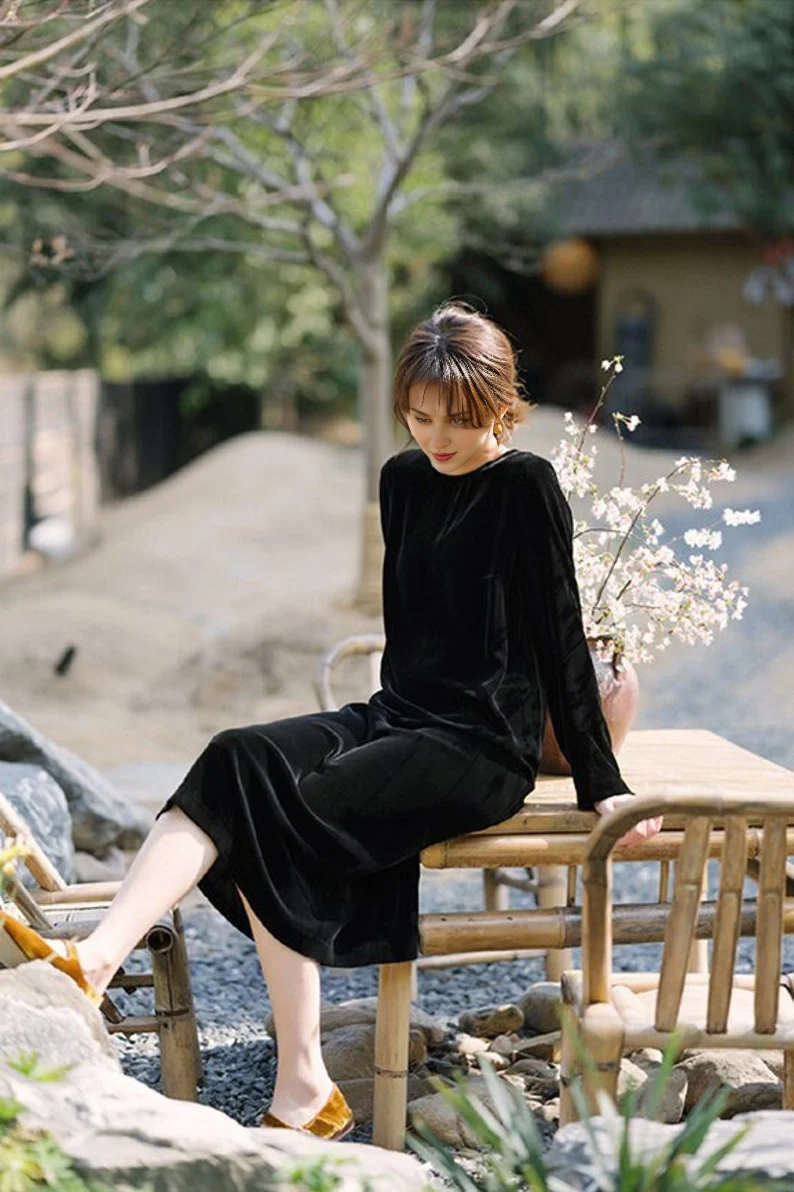 Evening Dress Velvet Dress Round Neck Long Sleeves Casual Dress Plus size Formal Dresses Wedding Guest Dress