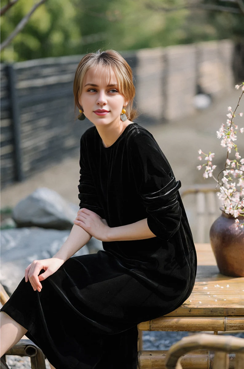 Evening Dress Velvet Dress Round Neck Long Sleeves Casual Dress Plus size Formal Dresses Wedding Guest Dress