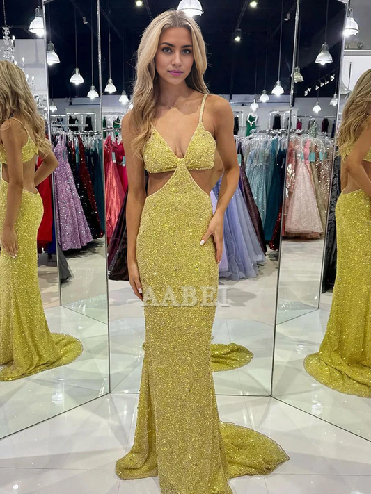 Evening Dress Deep V Neck Spaghetti Strap Backless Sequins Cutout Long Prom Dresses Sexy Charming Sparkle Formal Women's Dresses