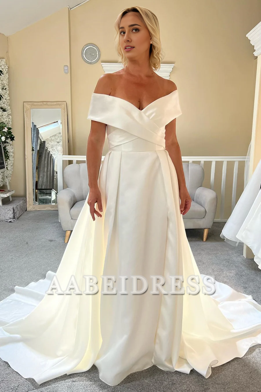 AABEI DRESS High Quality Elegant Simple Wedding Dress Off-the-Shoulder Satin Side Fork Long Sweep Train Formal Dresses