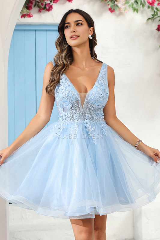 AABEI DRESS Short Dress Exquisite A-Line Deep V Neck Sleeveless Floral Applique See-Through Romantic Dress New Homecoming Dress