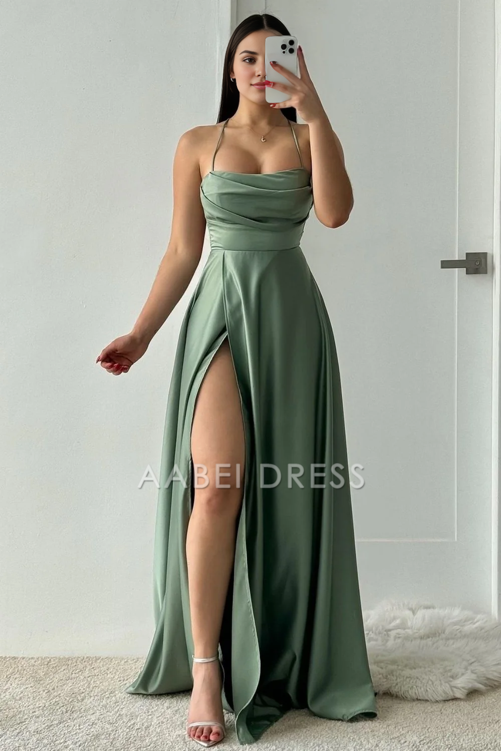 AABEI DRESS Hot Sale Prom Dress Chic A-Line Spaghetti Straps Lace Up Long Satin Simple Formal Dress