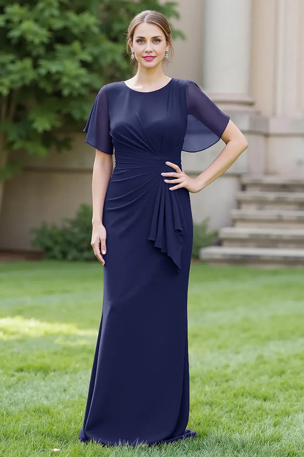 Wedding Guest Dress Black Sheath Round Neck Flutter Short Sleeves Ruched Elegant Hot Sale Long Mother of the Bride Dress
