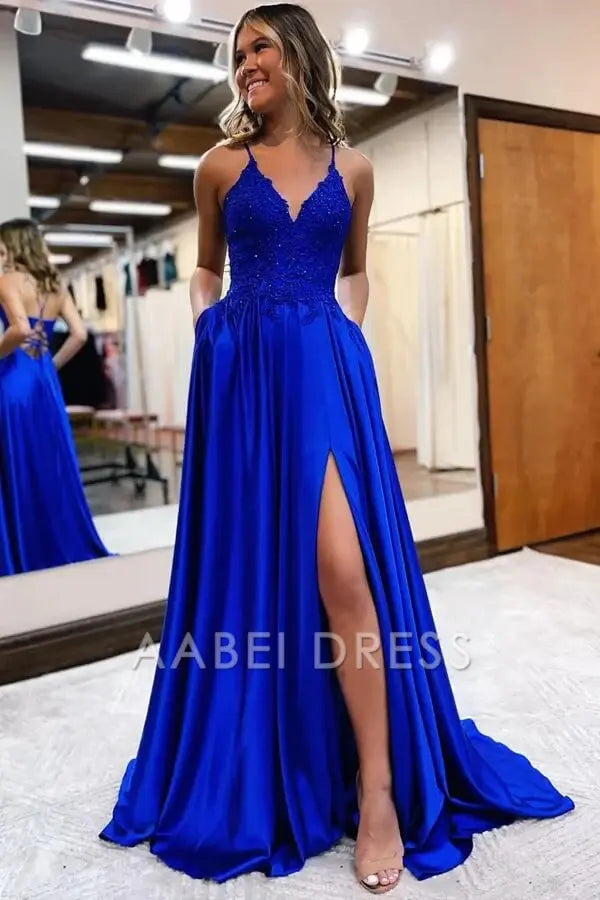 AABEI DRESS High Quality Evening Dress Satin A-line V-neck Spaghetti Straps Prom Dresses With Slit Elegant Party Dress