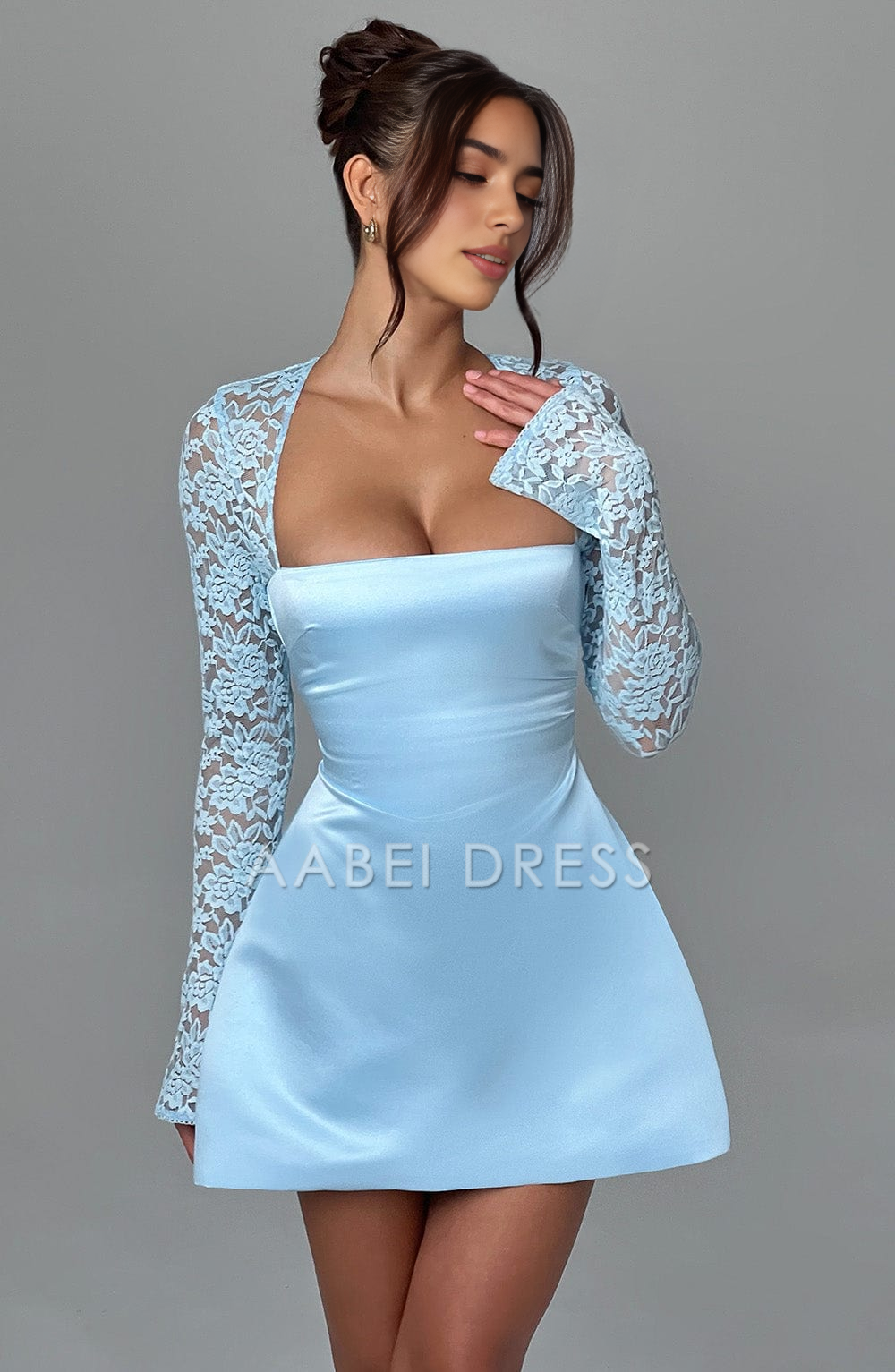 AABEI DRESS Hot Sale Homecoming Dress Charming A Line Square Neckline Sheer Lace Long Sleeves Mini Dress Fashion Short Prom Dresse