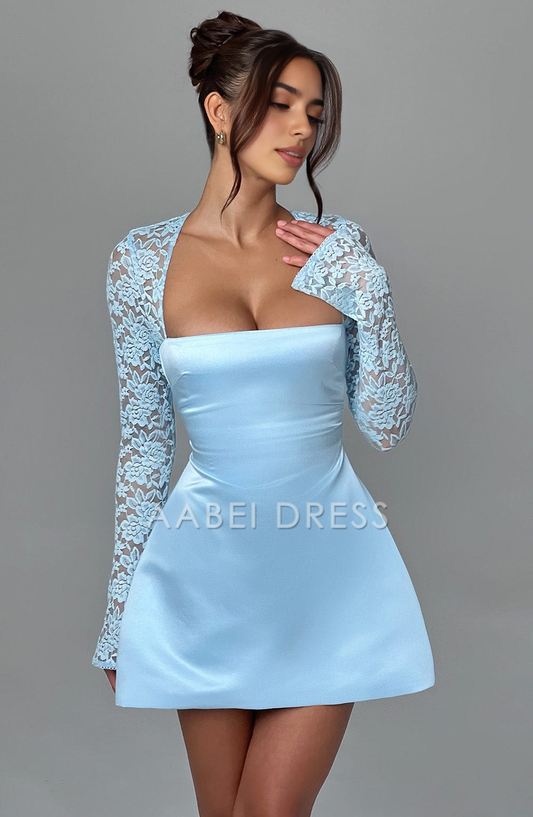 AABEI DRESS Hot Sale Homecoming Dress Charming A Line Square Neckline Sheer Lace Long Sleeves Mini Dress Fashion Short Prom Dresse