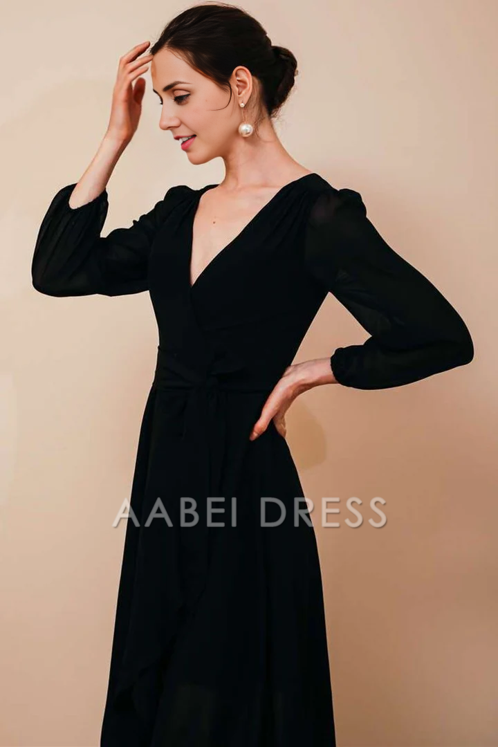 AABEI DRESS High Quality Mother of The Bride Dress Simple Elegant Chiffon V-neck Long Sleeve Dress Formal Dresses