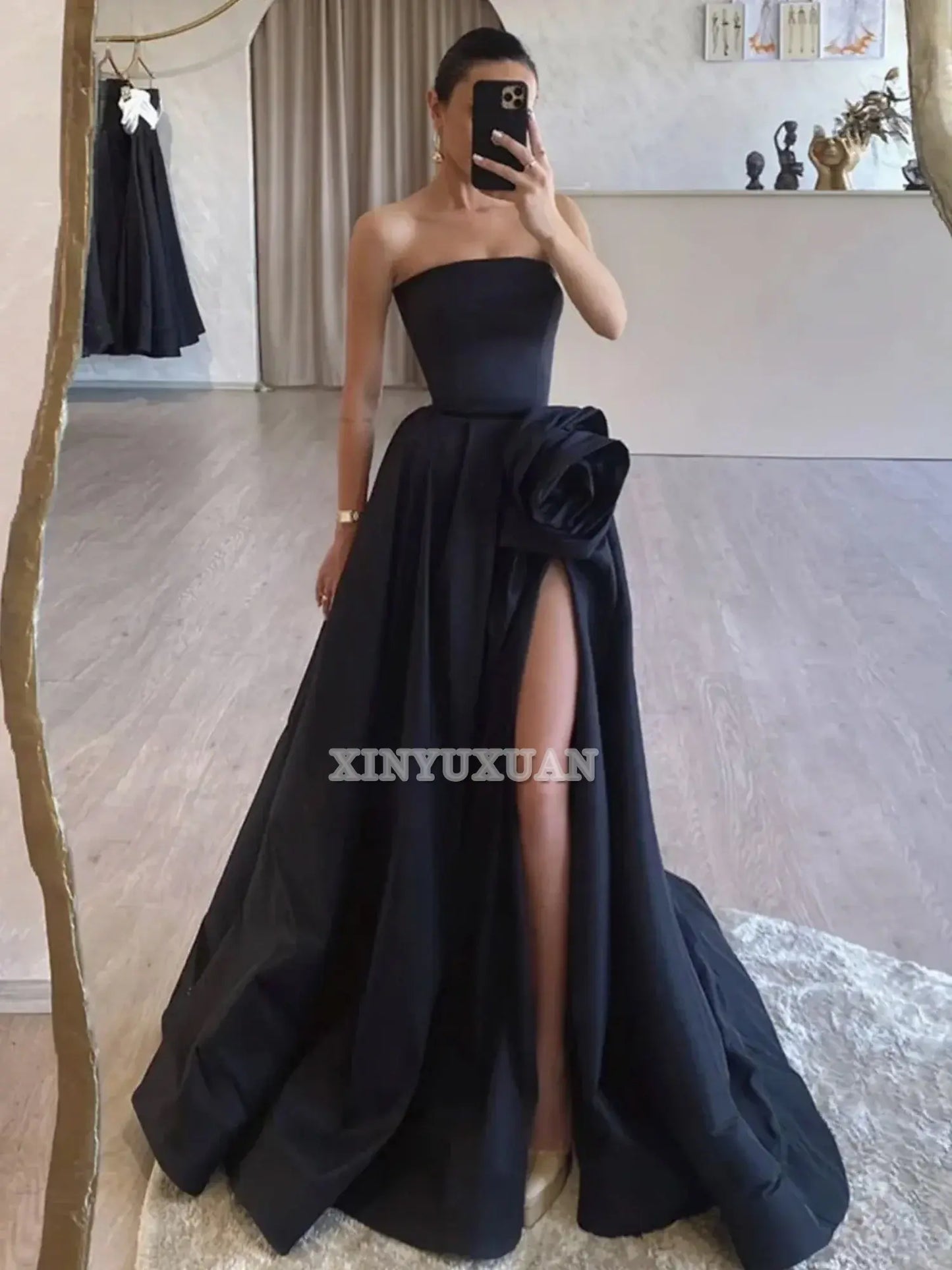 Evening Dress Strapless Satin High Split Sweep Train Exquisite High Quality Formal Women's Dresses