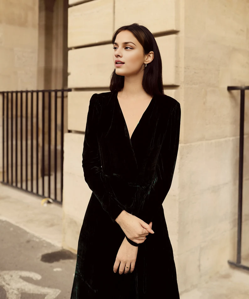 Evening Dress Velvet Dress Wrap Dress Deep V Neck Long Sleeves Formal Dresses Wedding Guest Dress