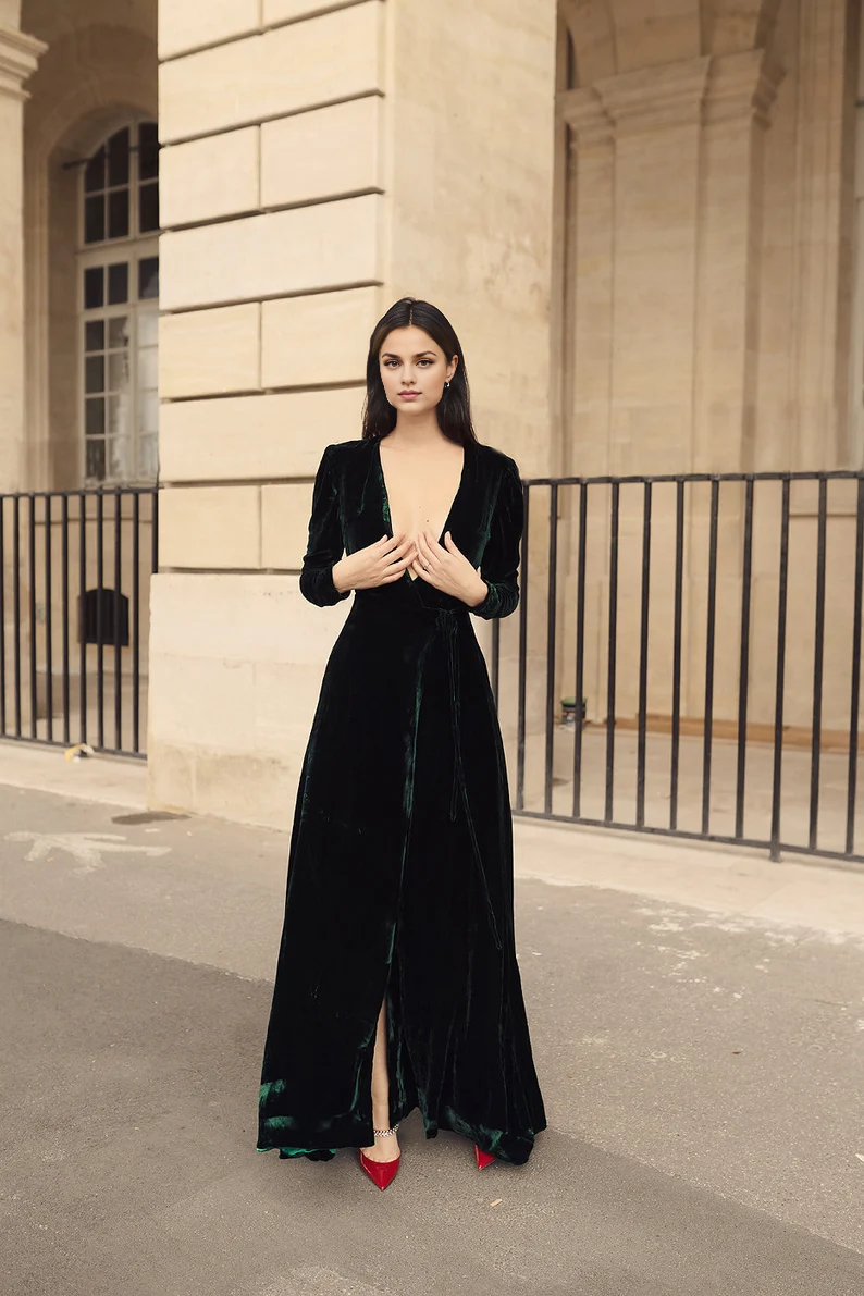 Evening Dress Velvet Dress Wrap Dress Deep V Neck Long Sleeves Formal Dresses Wedding Guest Dress