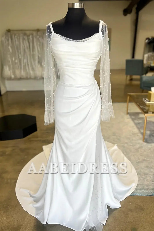AABEI DRESS High Quality Intricate Wedding Dress Backless Ruched Wedding Dress Detachable Pearl Sleeves Unique Formal Dresses
