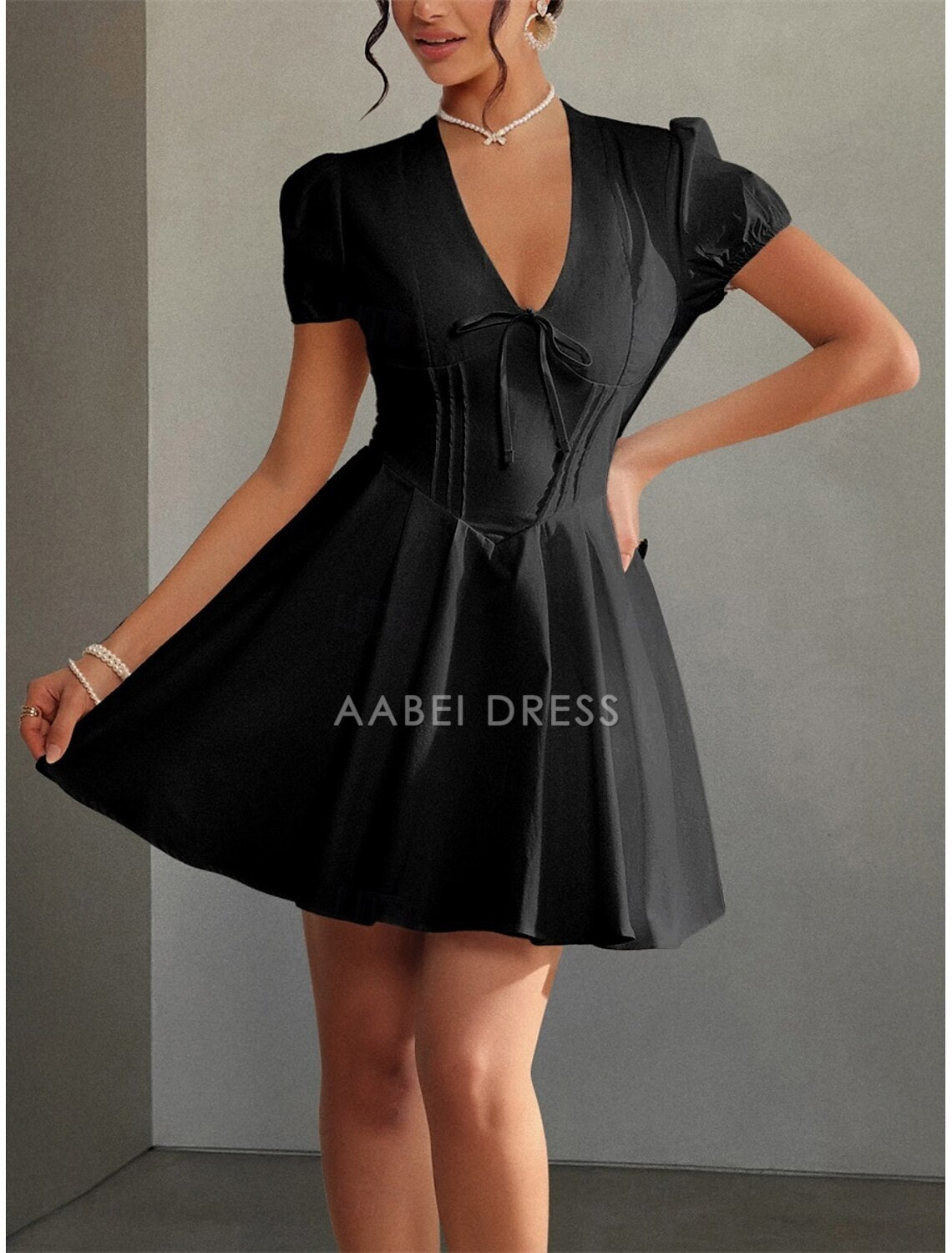 AABEI DRESS New Homecoming Dress Elegant A-Line Formal Short Sleeve V Neck Satin with Pleats Cute Short Prom Dresse