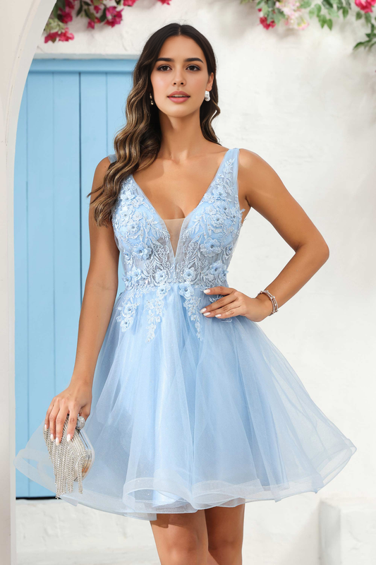 AABEI DRESS Short Dress Exquisite A-Line Deep V Neck Sleeveless Floral Applique See-Through Romantic Dress New Homecoming Dress