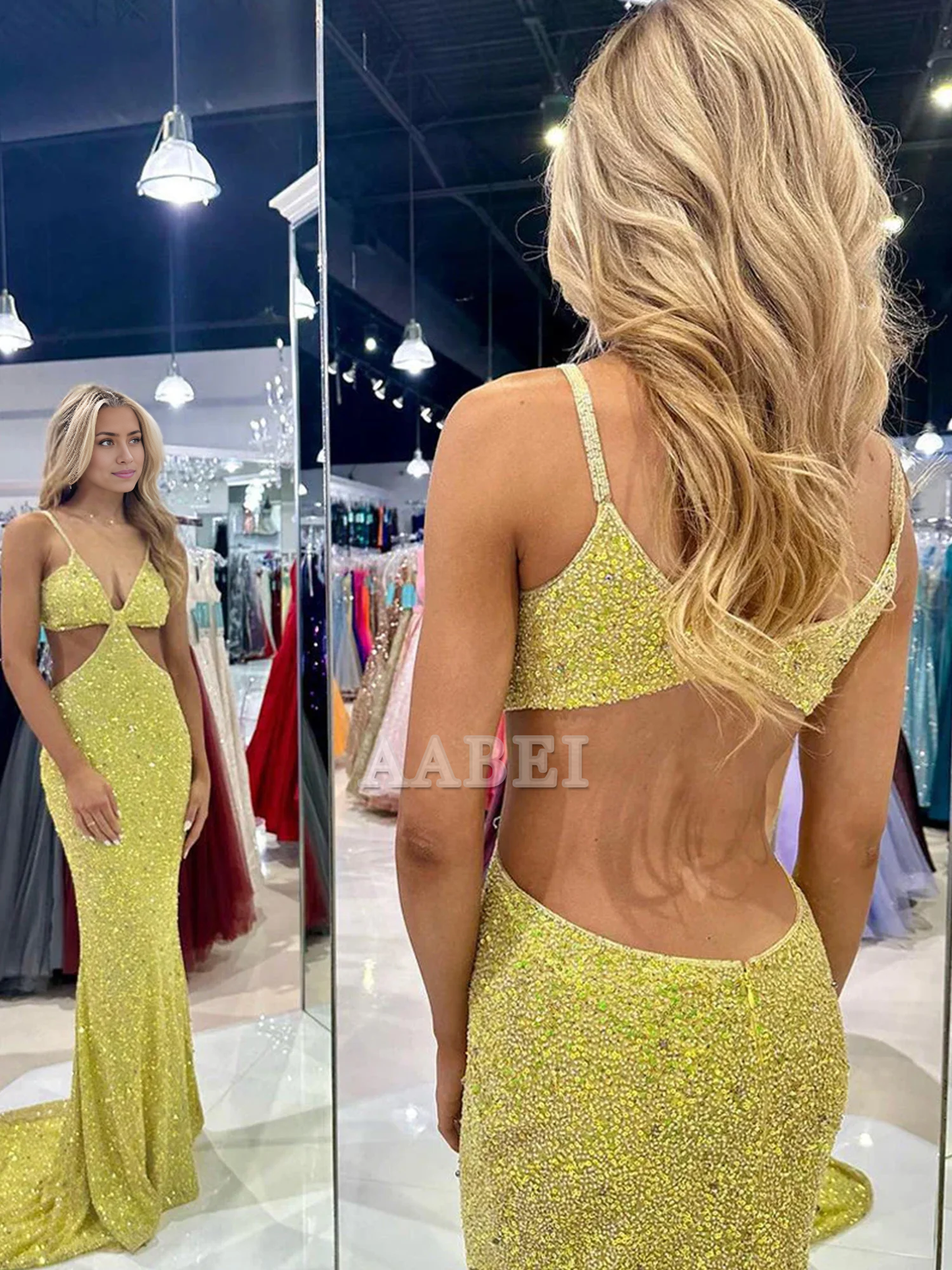 Evening Dress Deep V Neck Spaghetti Strap Backless Sequins Cutout Long Prom Dresses Sexy Charming Sparkle Formal Women's Dresses