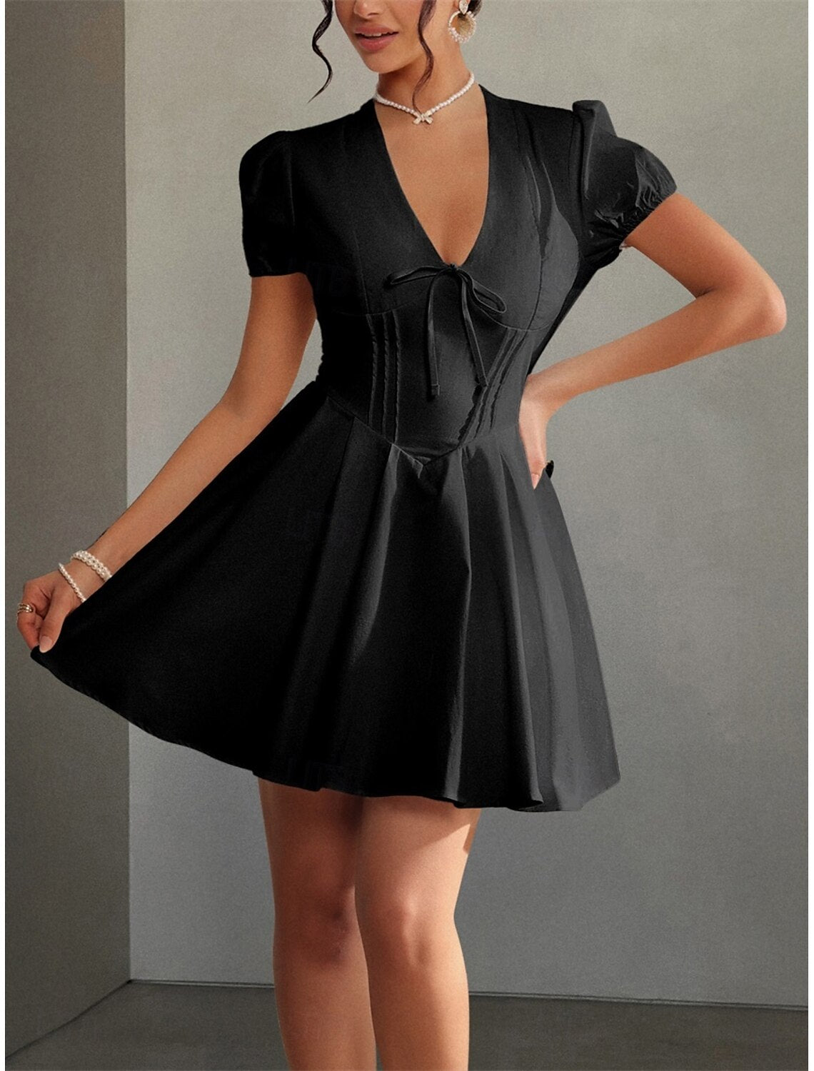 AABEI DRESS New Homecoming Dress Elegant A-Line Formal Short Sleeve V Neck Satin with Pleats Cute Short Prom Dresse
