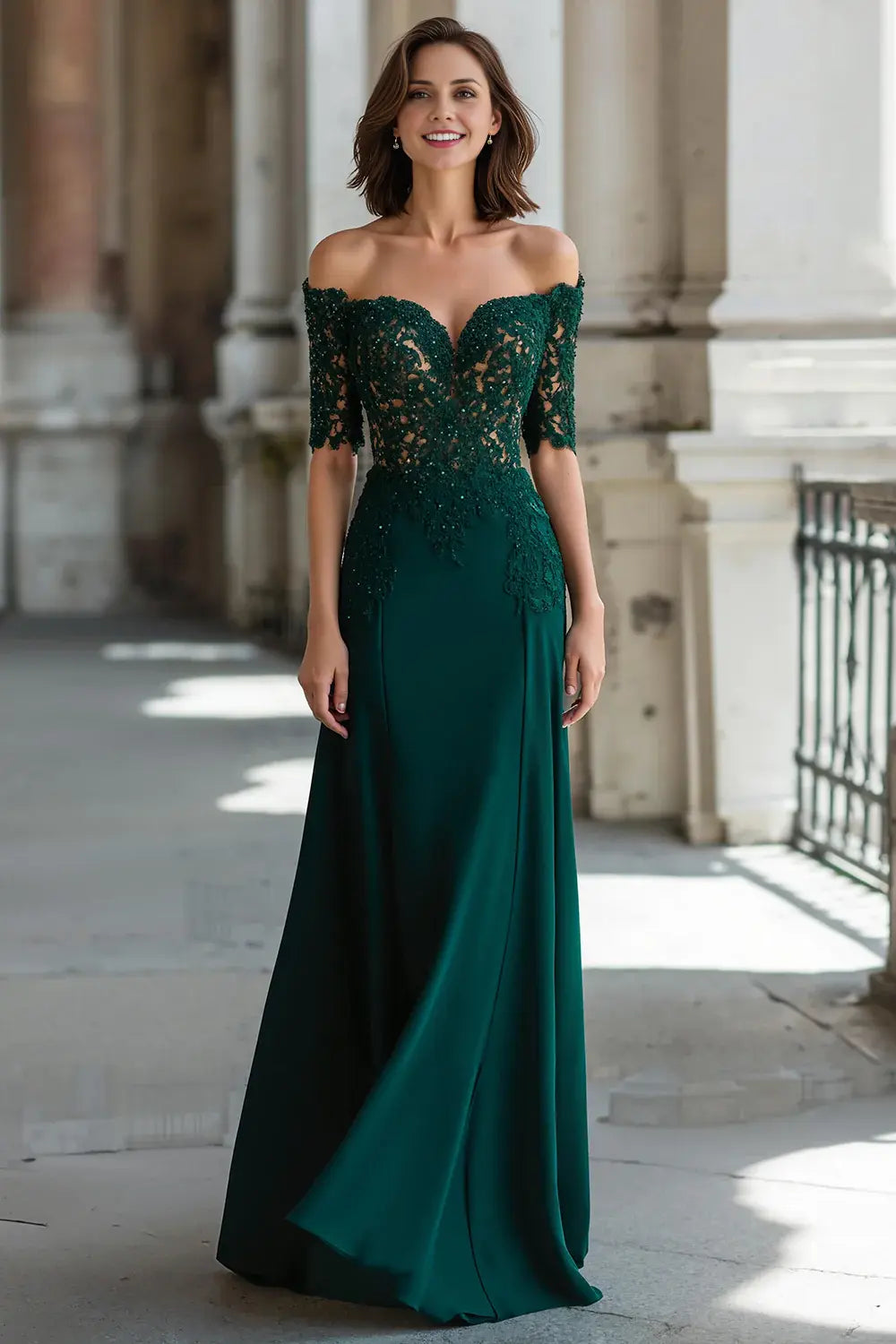 Dark Green A Line Off the Shoulder Sweetheart Neckline Half Sleeve Chiffon with Beadwork Lace Applique Backless Retro Long Wedding Guest Dress For Women New Style Mother of the Bride Dress