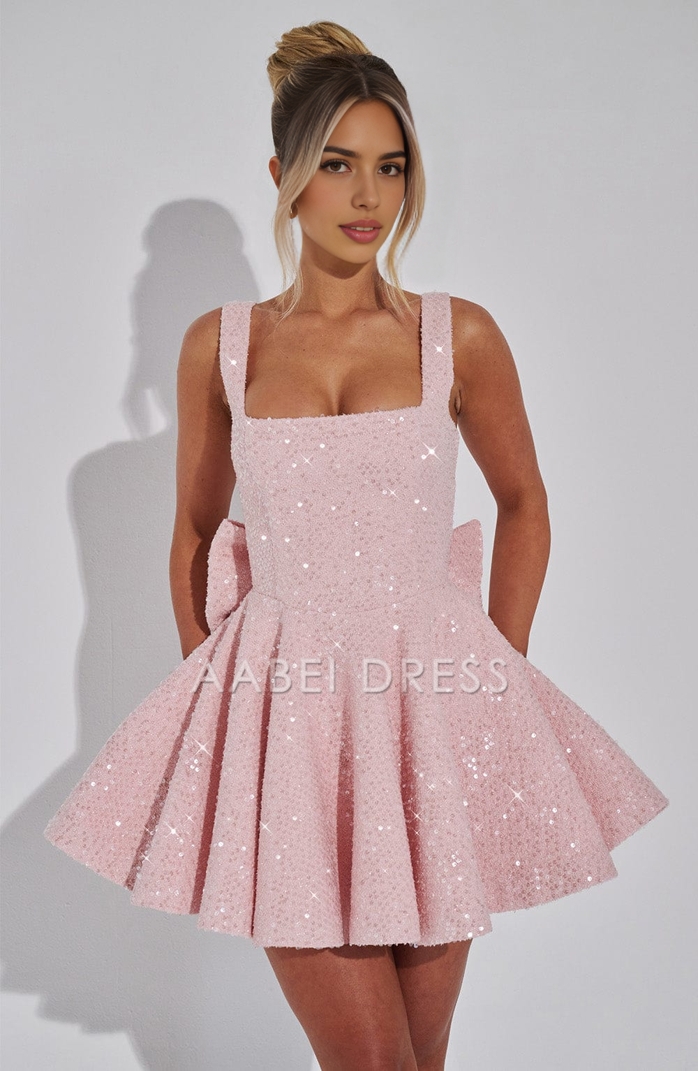 AABEI DRESS Hot Sale Homecoming Dress Sequin A Line Square Neck Sleeveless Wide shoulder strap Mini Dress Sparkle Short Prom Dresse