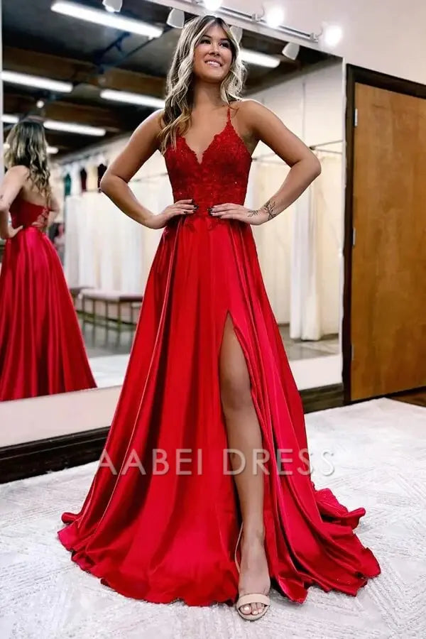 AABEI DRESS High Quality Evening Dress Satin A-line V-neck Spaghetti Straps Prom Dresses With Slit Elegant Party Dress