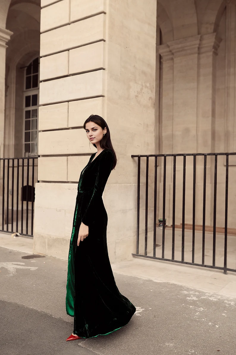 Evening Dress Velvet Dress Wrap Dress Deep V Neck Long Sleeves Formal Dresses Wedding Guest Dress