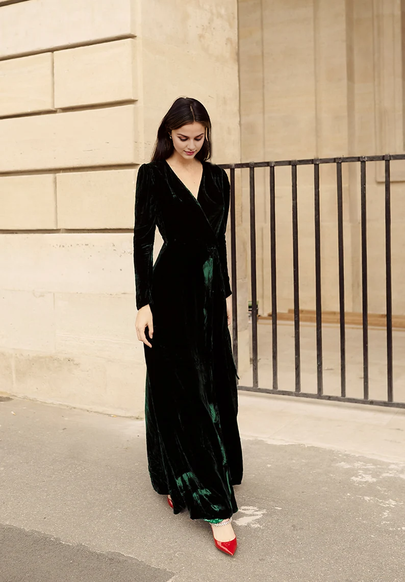 Evening Dress Velvet Dress Wrap Dress Deep V Neck Long Sleeves Formal Dresses Wedding Guest Dress