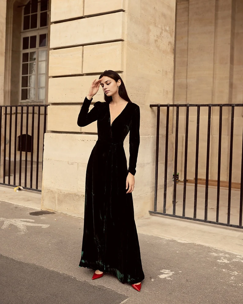 Evening Dress Velvet Dress Wrap Dress Deep V Neck Long Sleeves Formal Dresses Wedding Guest Dress