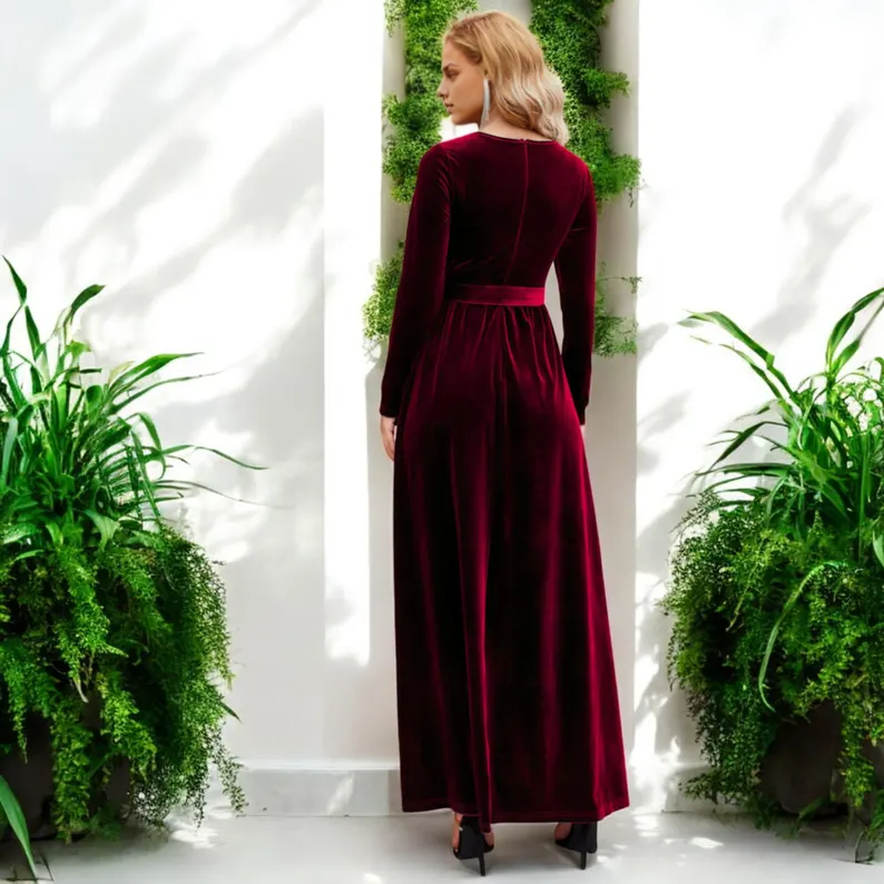 Evening Dress Velvet Dress Long Sleeves Round Neck Elegant Simple Longuette Formal Dresses Wedding Guest Dress