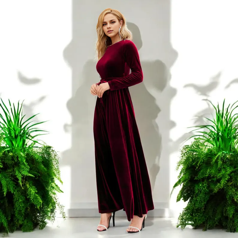 Evening Dress Velvet Dress Long Sleeves Round Neck Elegant Simple Longuette Formal Dresses Wedding Guest Dress