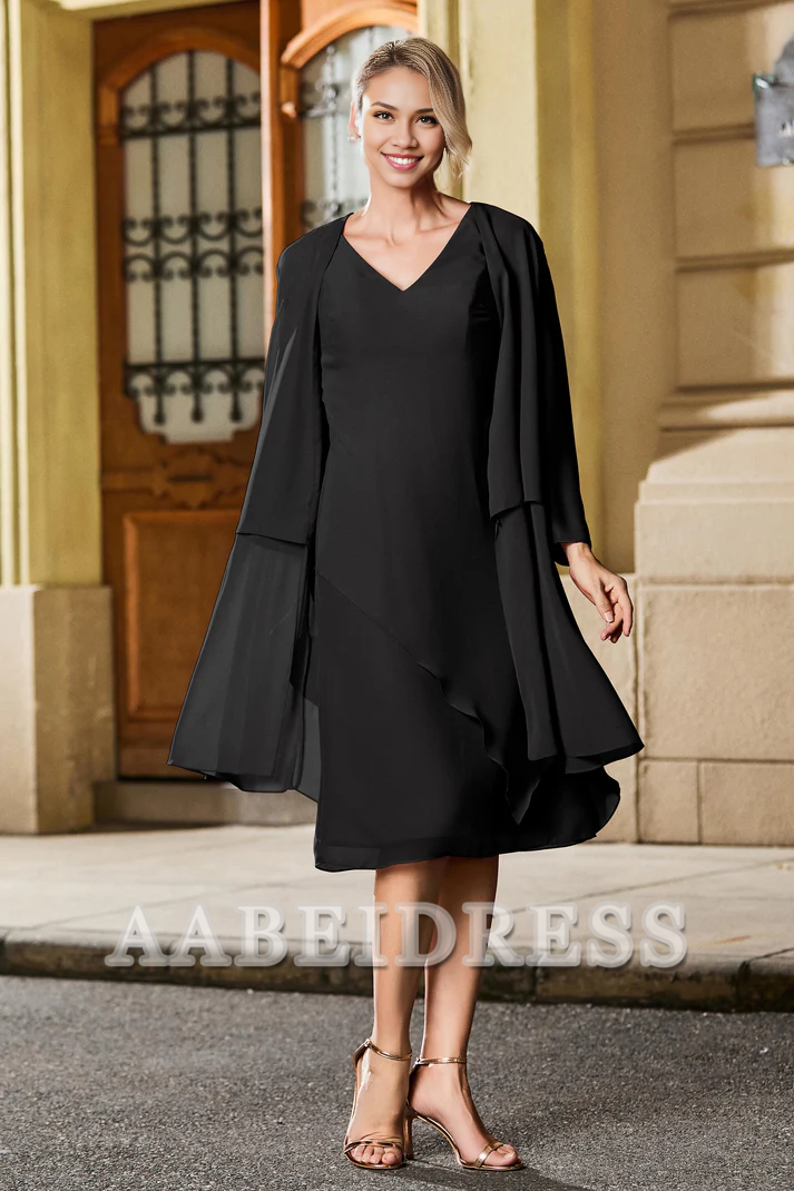 AABEI DRESS Mother of the Bride Dresses Knee-Length V-neck Chiffon Dress With Jacket Formal Dress Wedding Guests Dresses
