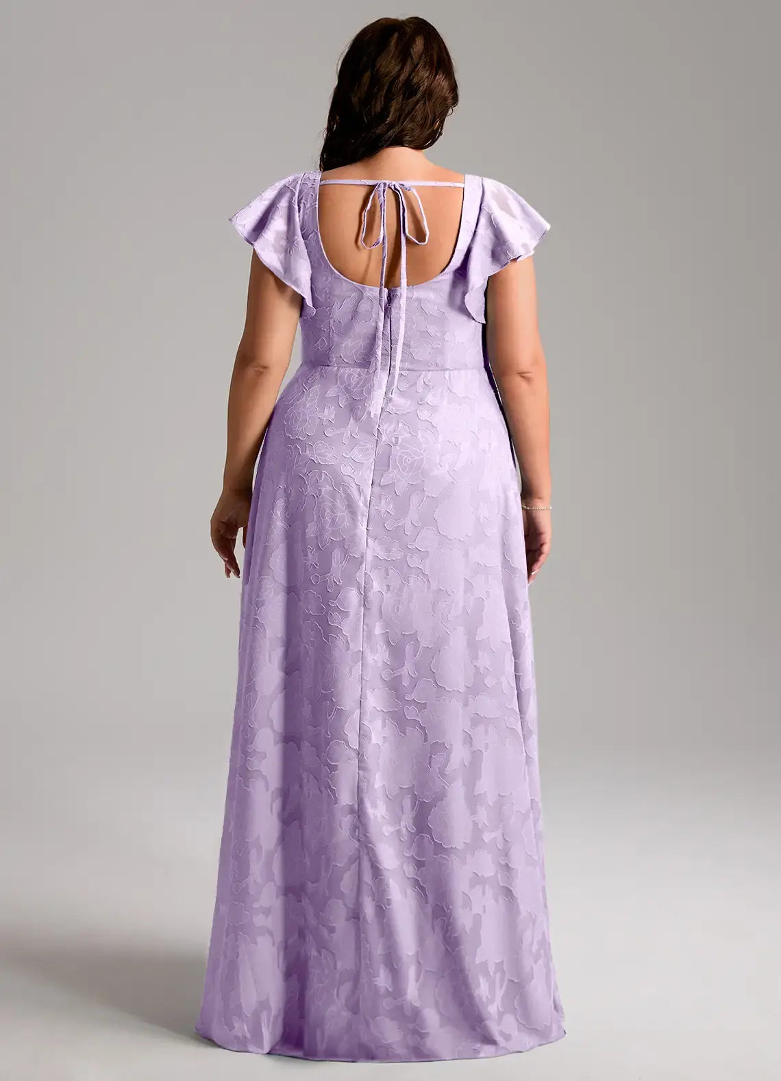 Wedding Guests Dresses Lilac Modern A-Line Square Neck Ruffles Flutter Sleeve Side Slit Floral Jacquard Backless Romantic Plus Size Formal Dress Discount Hot Sale Prom Dress