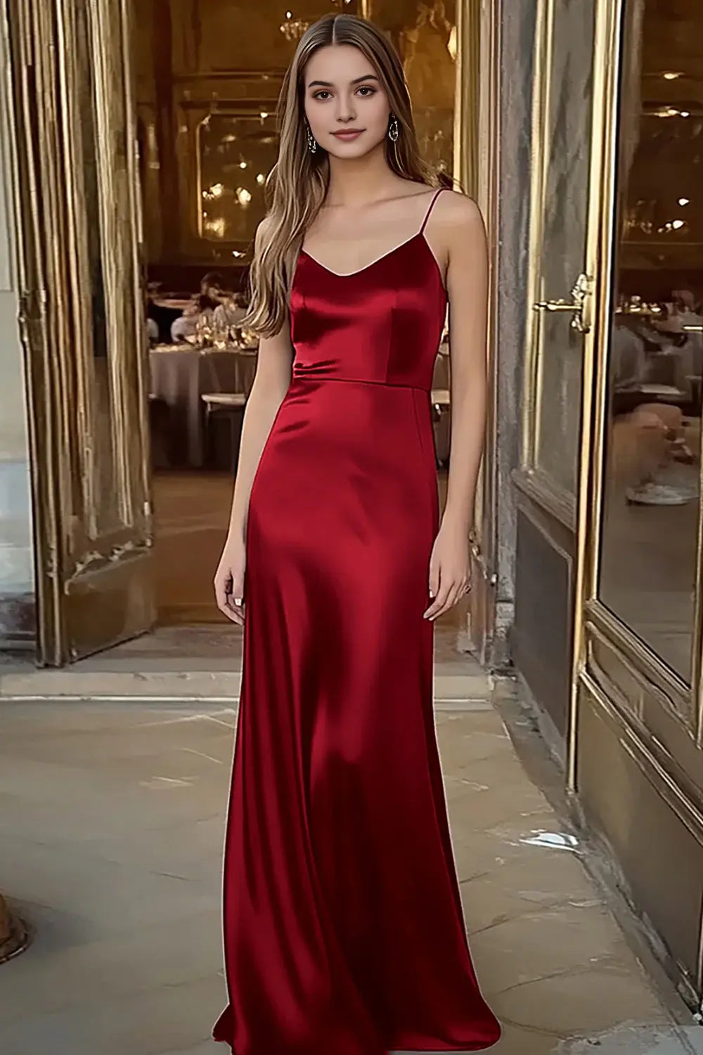 Coffee Simple Sheath Satin Spaghetti Straps V Neck Sleeveless Long Formal Dress Hot Sale Evening Dresses