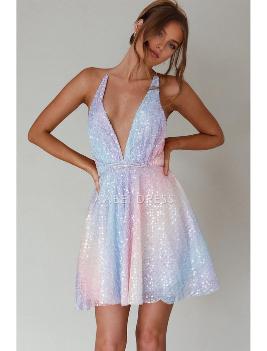 AABEI DRESS New Homecoming Dress A Line Deep V Neck Backless Cocktail Dresses Carnival Sleeveless Sequined with Pleats Sparkle Short Prom Dresse