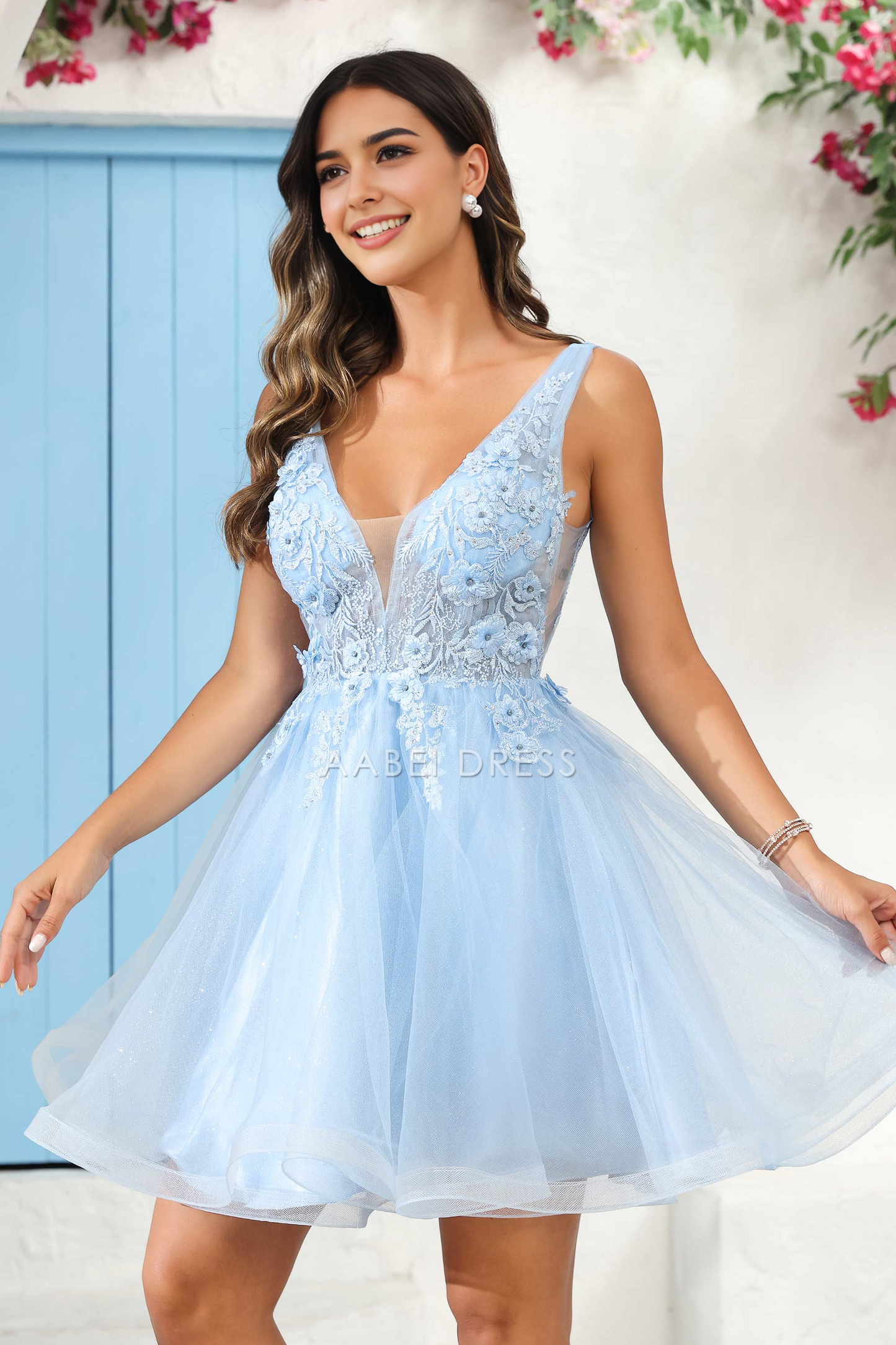 AABEI DRESS Short Dress Exquisite A-Line Deep V Neck Sleeveless Floral Applique See-Through Romantic Dress New Homecoming Dress
