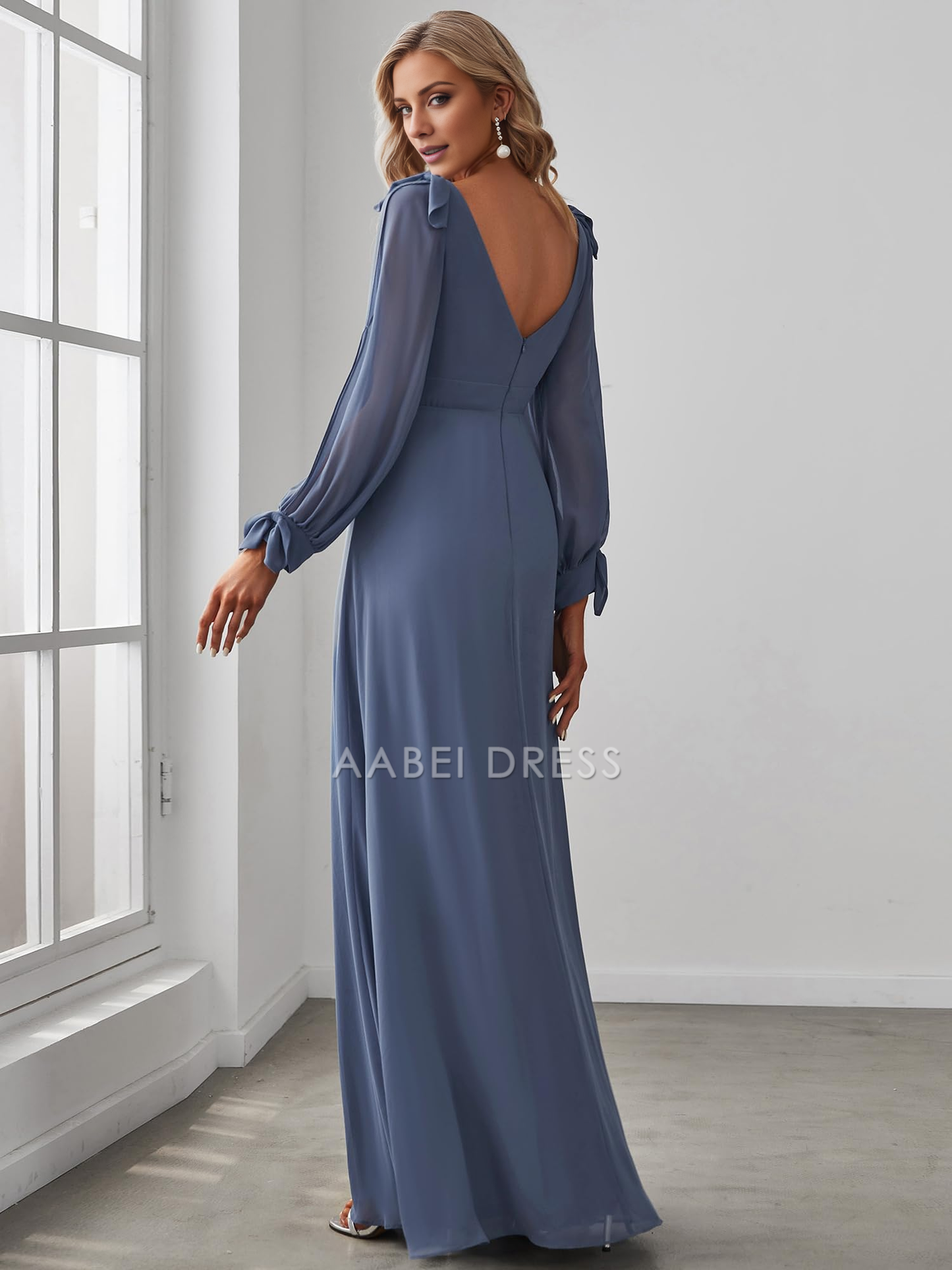 AABEI DRESS High Quality Mother of The Bride Dress Elegant Double V Neck Hollowed-Out Long Sleeves High Waist Split Chiffon Formal Dresses